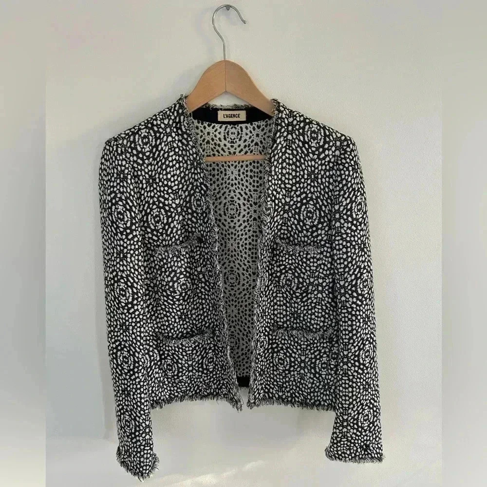 L’AGENCE Tweed Fringe Cropped black/ white blazer Jacket Sz 8 Veronica beard